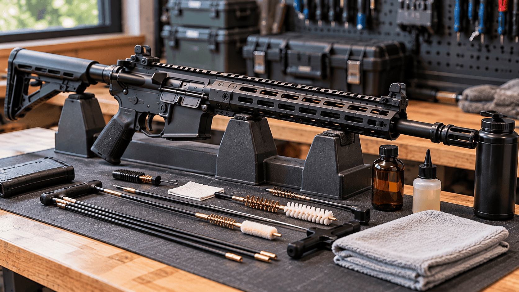 AR-15 secured on a workbench with bore brushes, cleaning rods, lubricant, solvent, patches and maintenance supplies